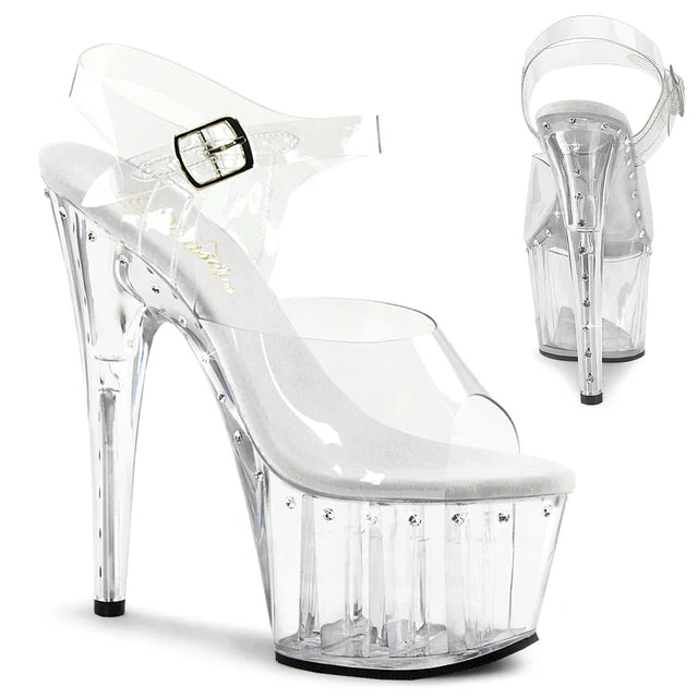 Adore 708LS Clear  PT Leather Ankle Strat 7" Platform Heel with Rhinstone